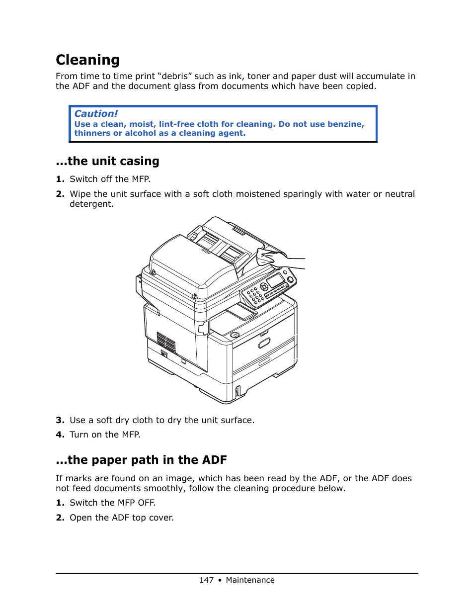 Cleaning, The unit casing, The paper path in the adf | Oki MB 460 User Manual | Page 147 / 179