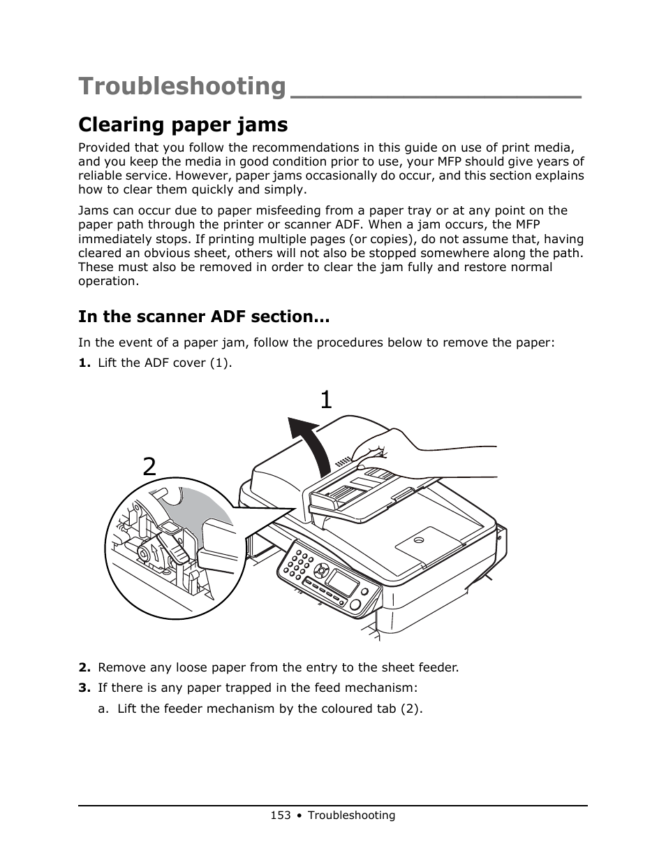 Troubleshooting, Clearing paper jams, In the scanner adf section | Oki MB 460 User Manual | Page 153 / 179