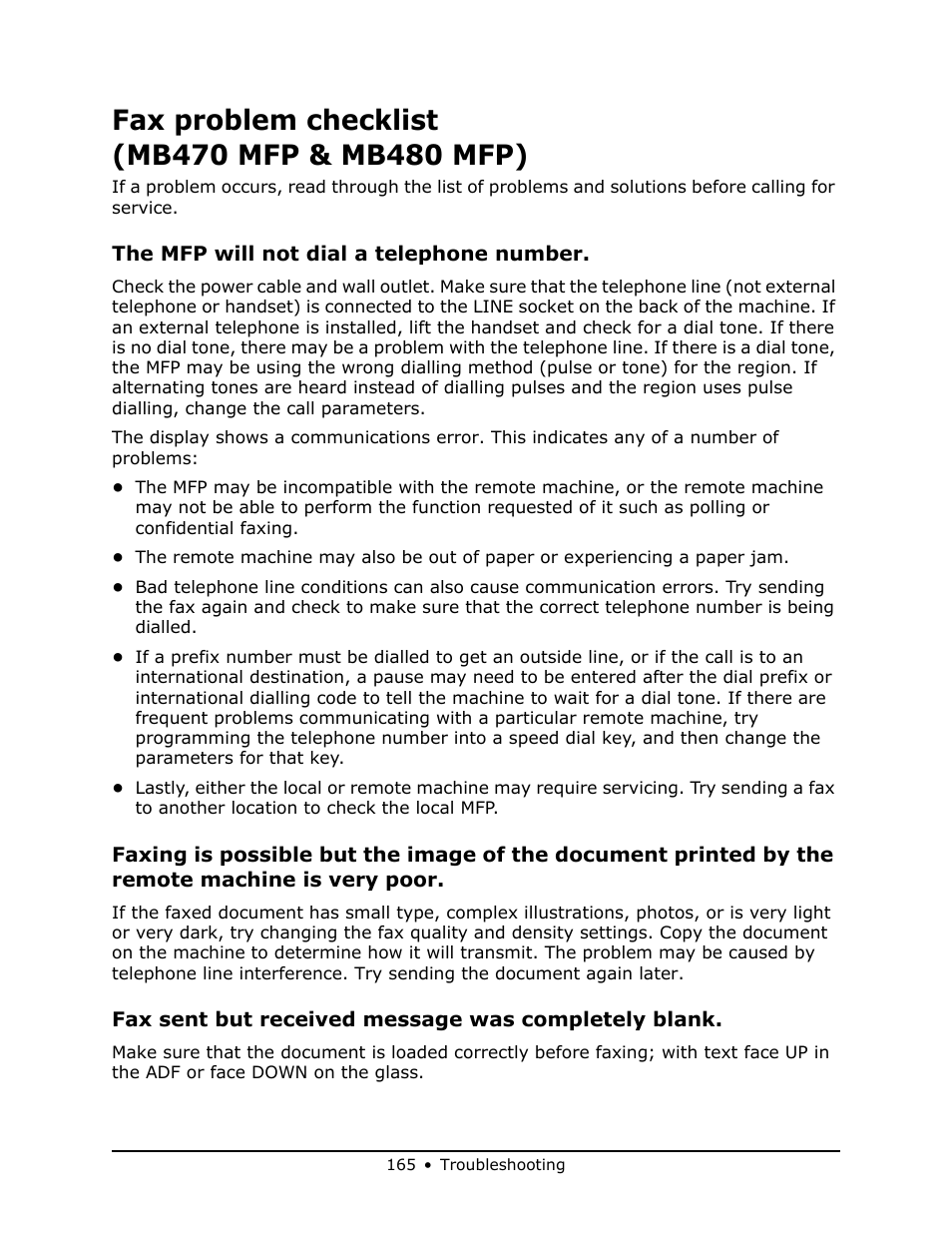 Fax problem checklist (mb470 mfp & mb480 mfp), Fax problem checklist, Mb470 mfp & mb480 mfp) | Oki MB 460 User Manual | Page 165 / 179
