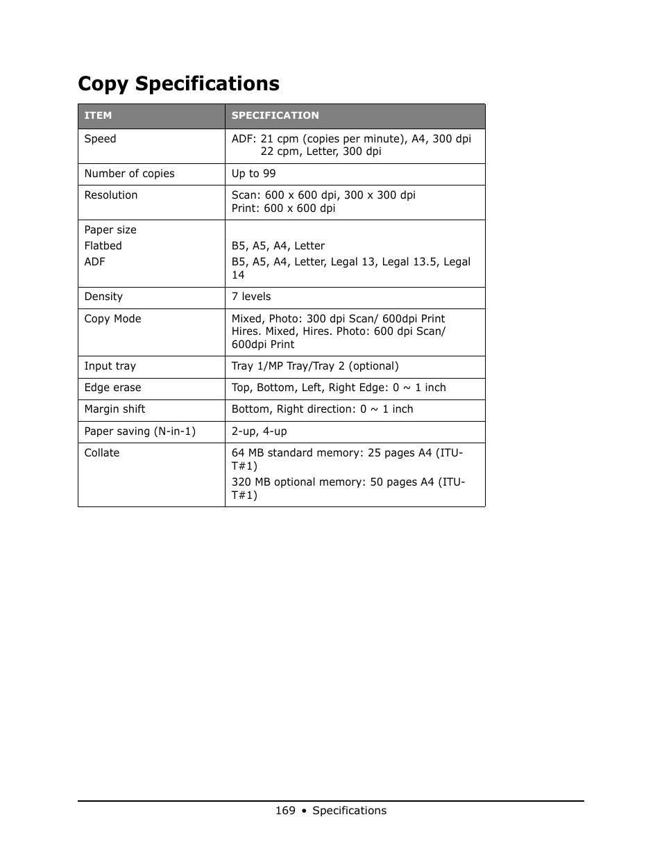 Copy specifications | Oki MB 460 User Manual | Page 169 / 179