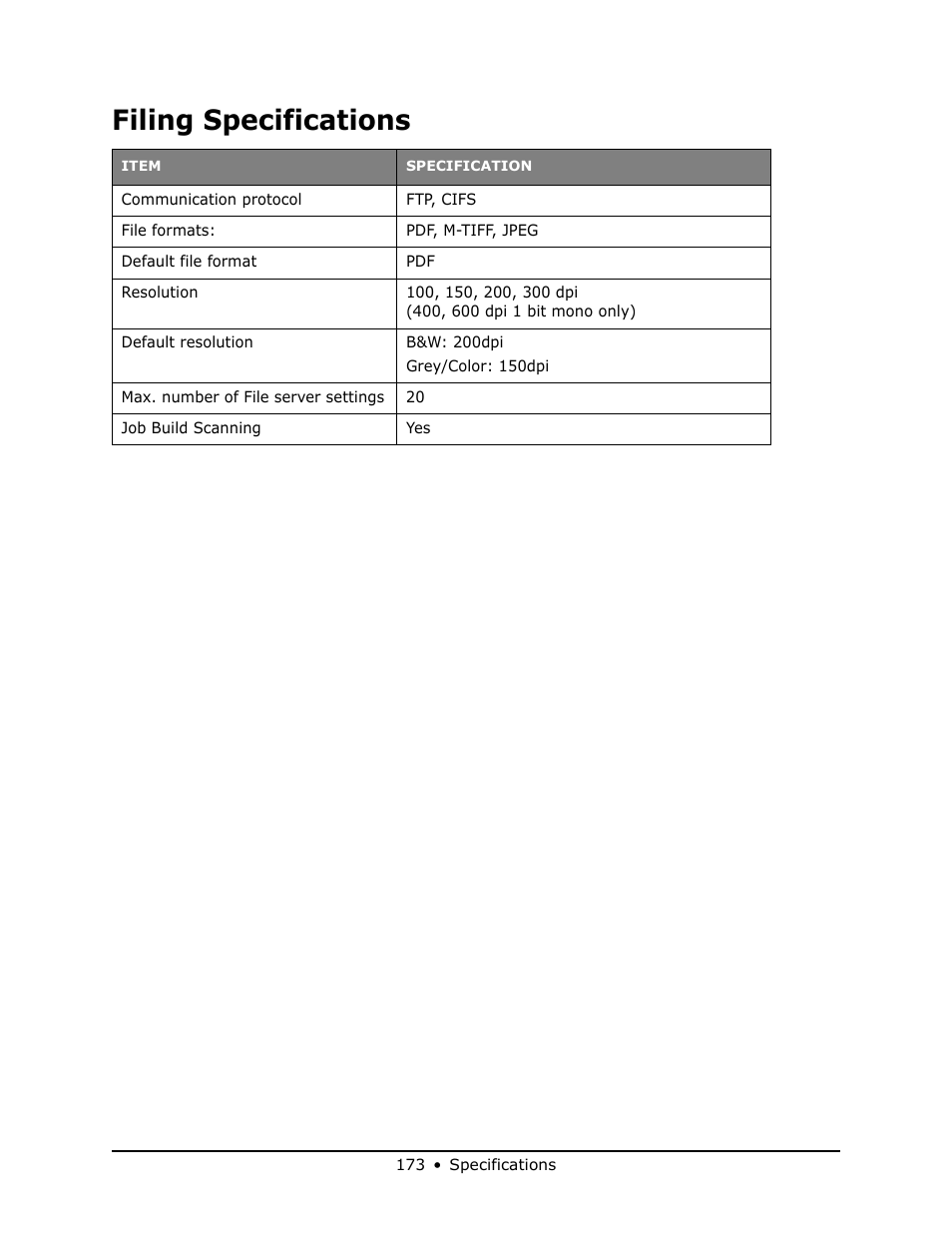 Filing specifications | Oki MB 460 User Manual | Page 173 / 179