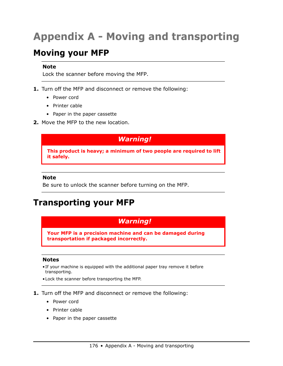 Appendix a - moving and transporting, Moving your mfp, Transporting your mfp | Oki MB 460 User Manual | Page 176 / 179