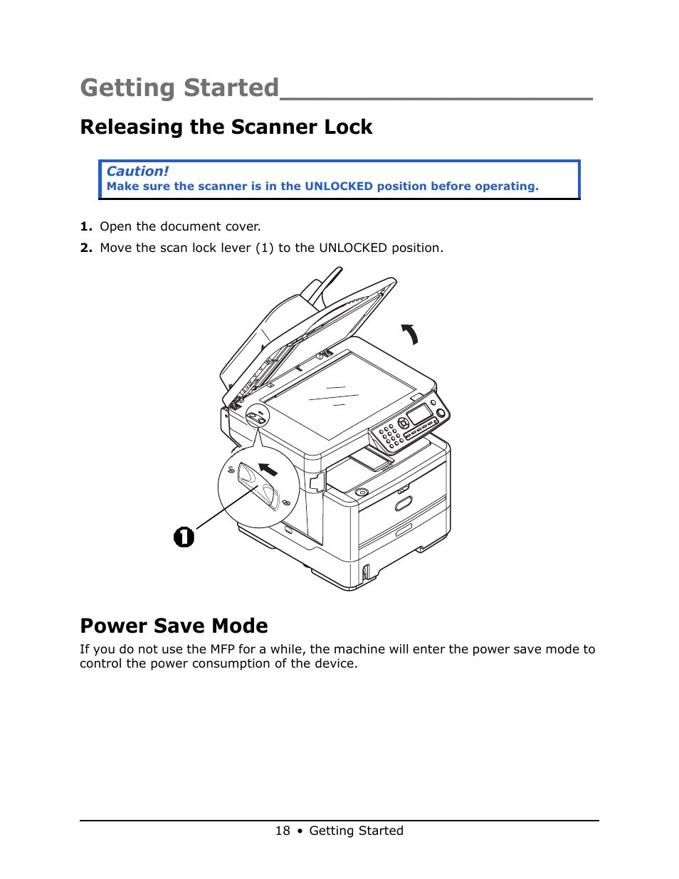 Getting started, Releasing the scanner lock, Power save mode | Oki MB 460 User Manual | Page 18 / 179