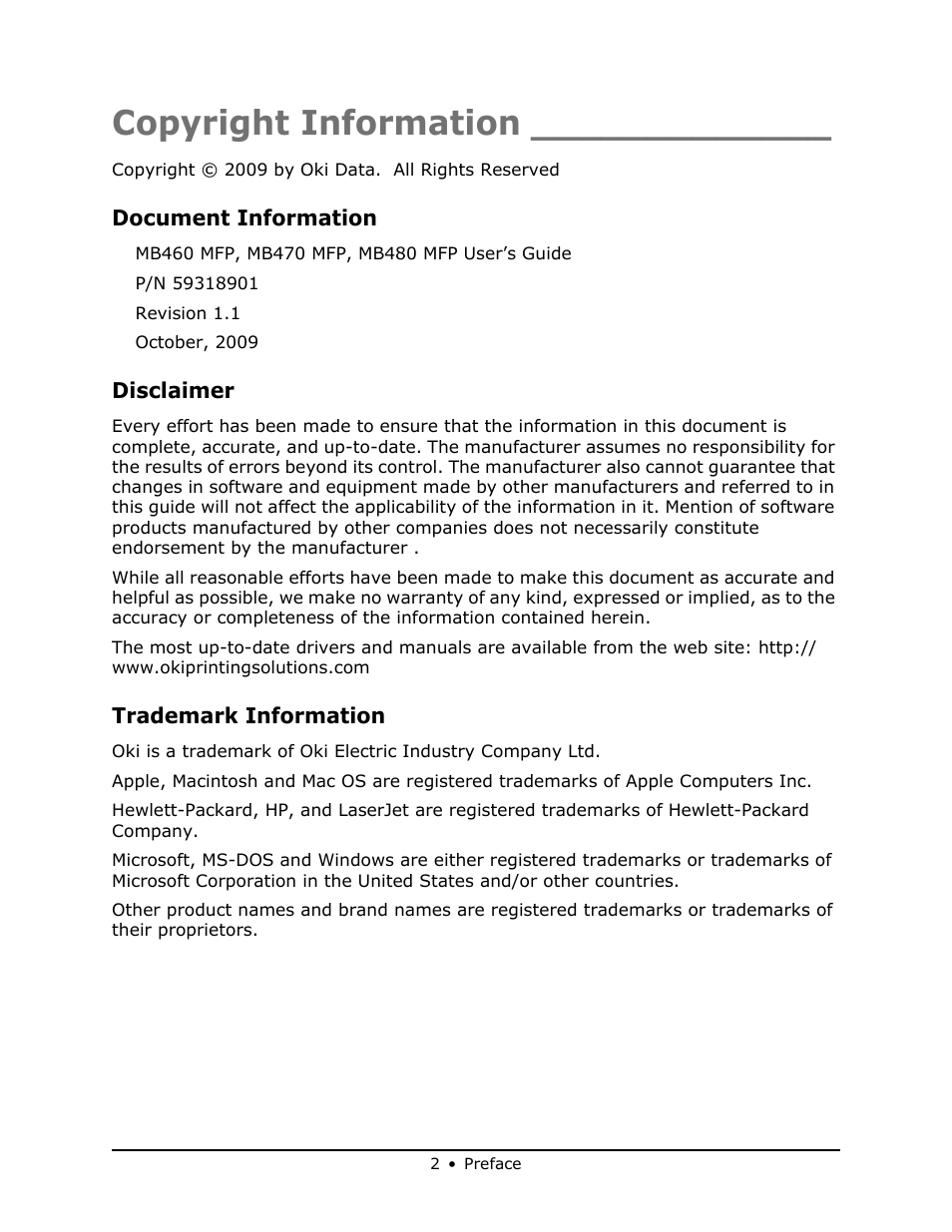 Copyright information | Oki MB 460 User Manual | Page 2 / 179