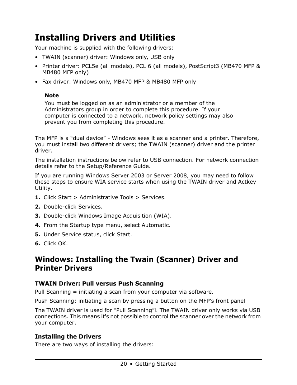 Installing drivers and utilities, Windows: installing the twain (scanner) driver, And printer drivers | Oki MB 460 User Manual | Page 20 / 179