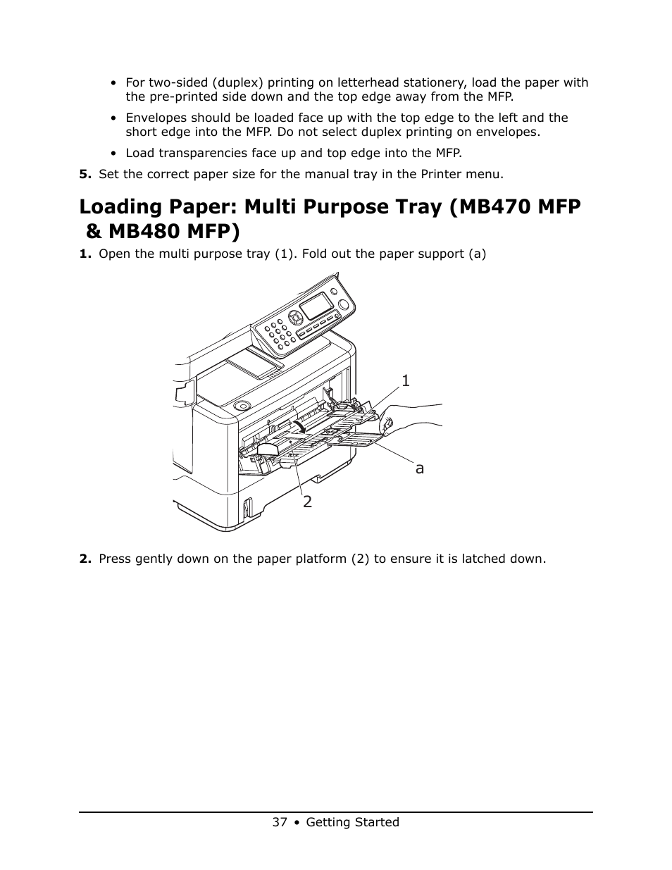 Loading paper: multi purpose tray (mb470 mfp, Mb480 mfp) | Oki MB 460 User Manual | Page 37 / 179