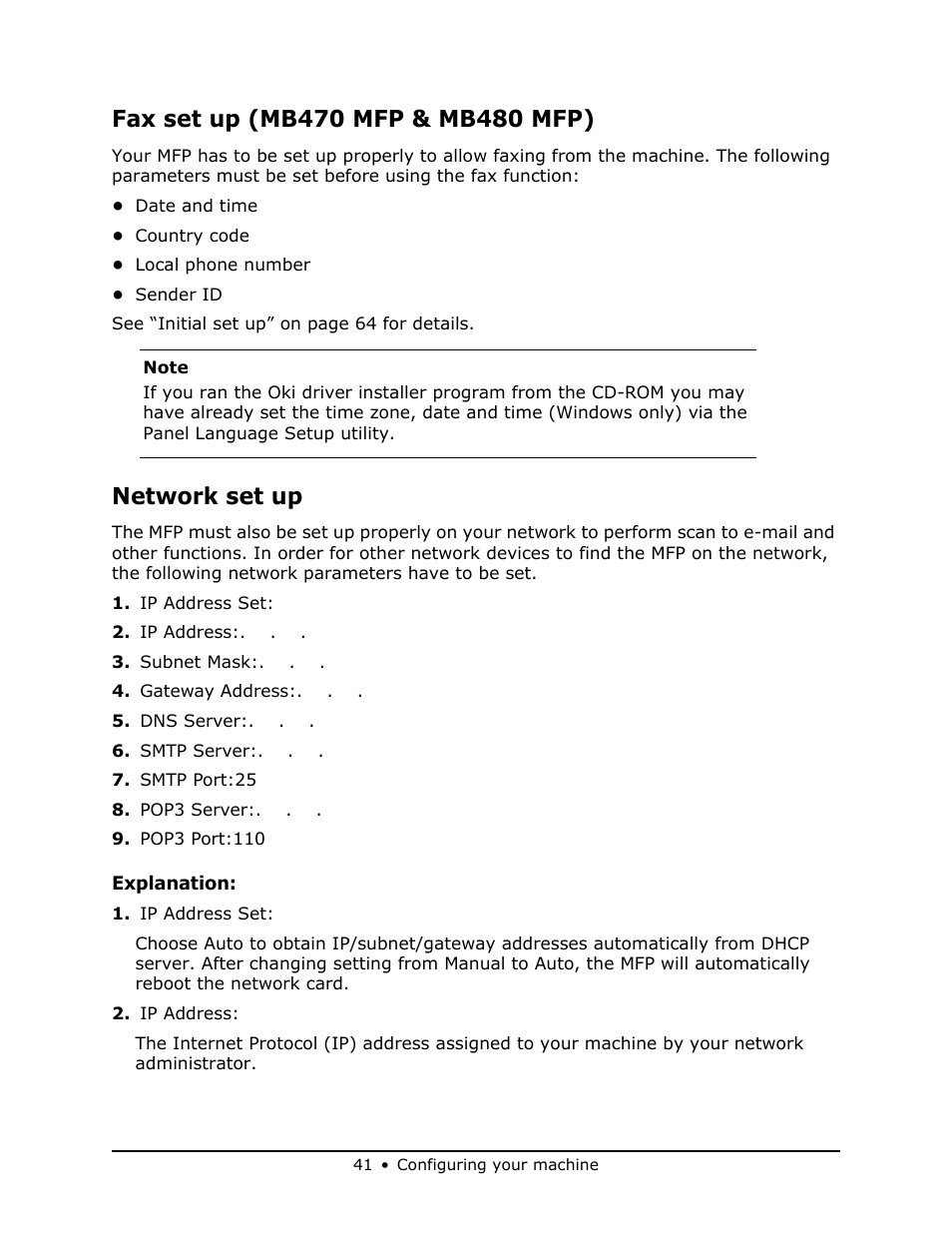 Fax set up (mb470 mfp & mb480 mfp), Network set up | Oki MB 460 User Manual | Page 41 / 179