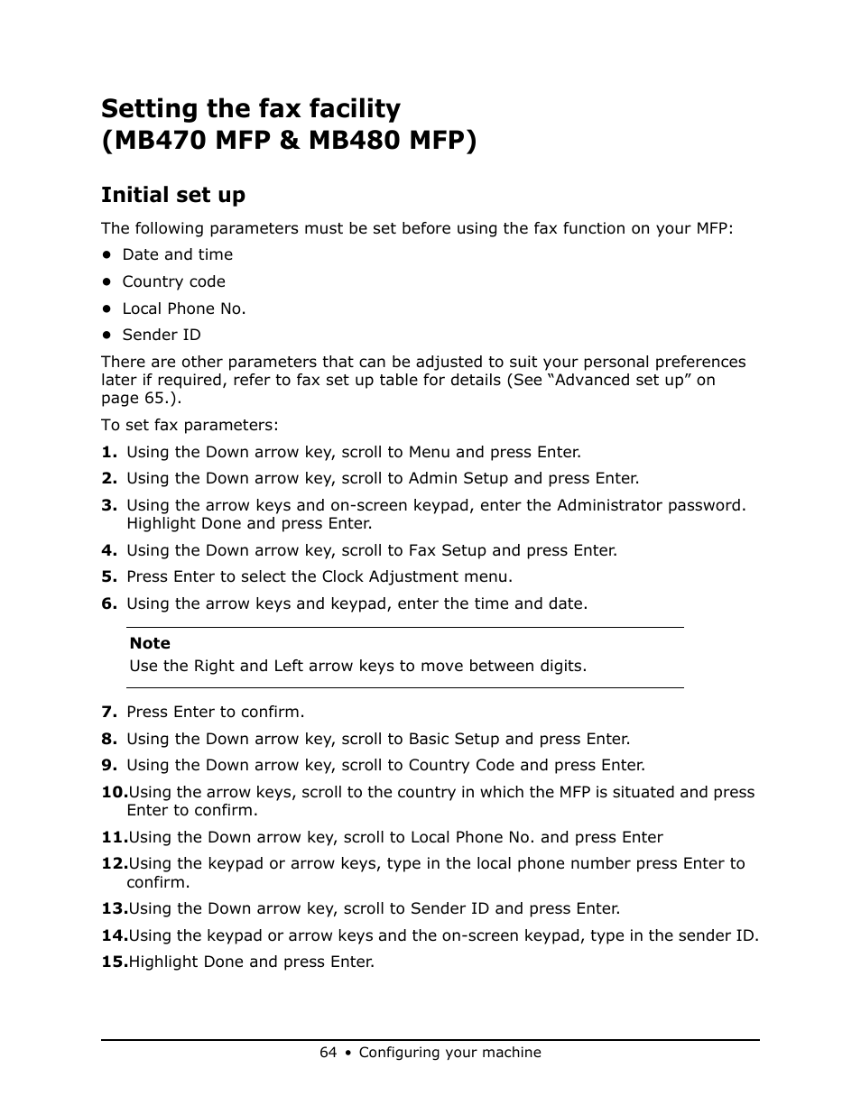 Setting the fax facility (mb470 mfp & mb480 mfp), Initial set up, Setting the fax facility | Mb470 mfp & mb480 mfp) | Oki MB 460 User Manual | Page 64 / 179