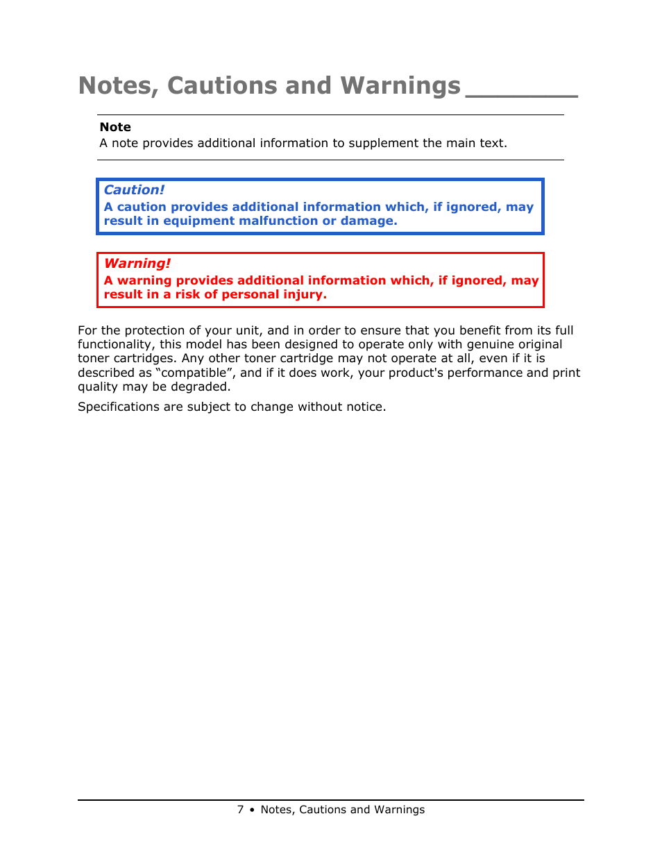 Notes, cautions and warnings | Oki MB 460 User Manual | Page 7 / 179