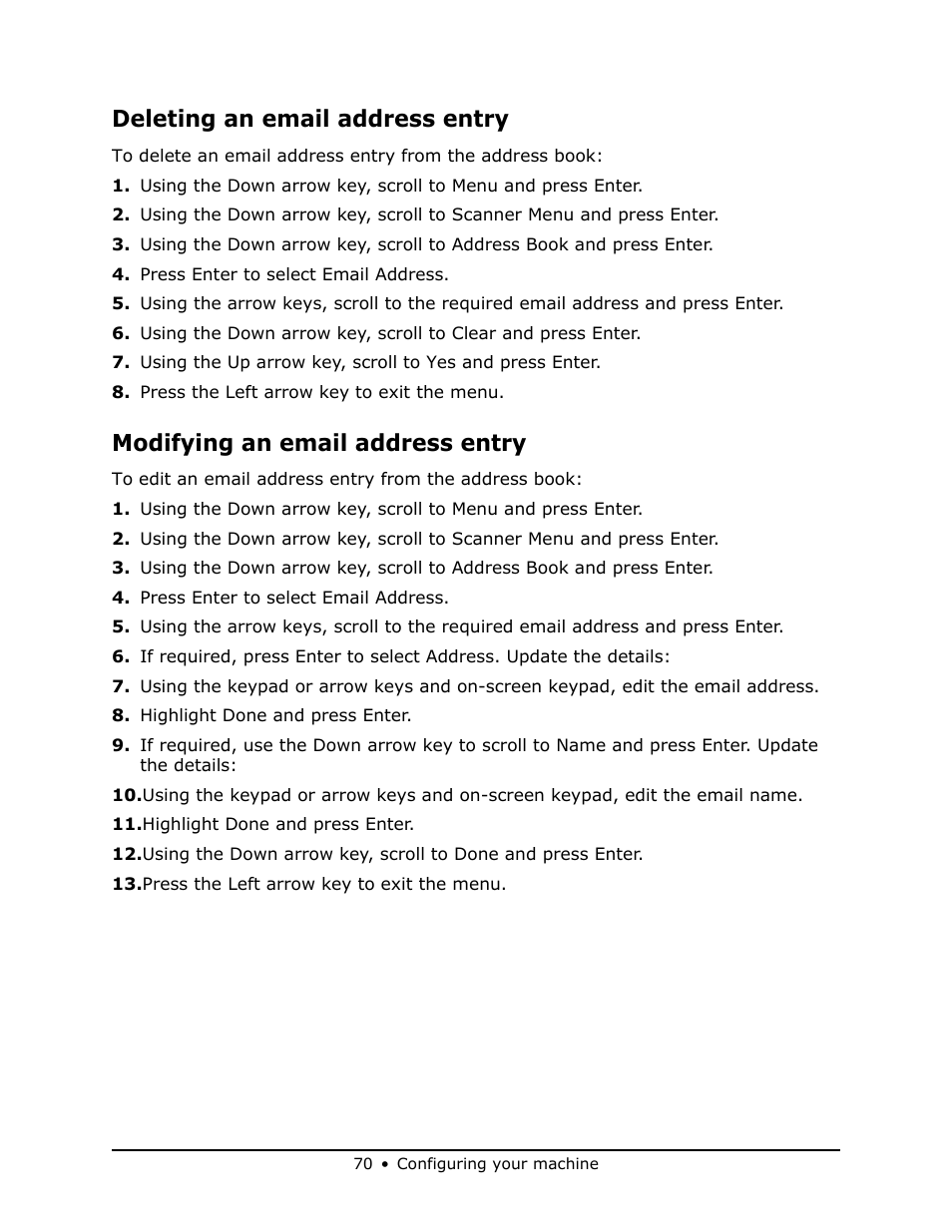 Deleting an email address entry, Modifying an email address entry | Oki MB 460 User Manual | Page 70 / 179