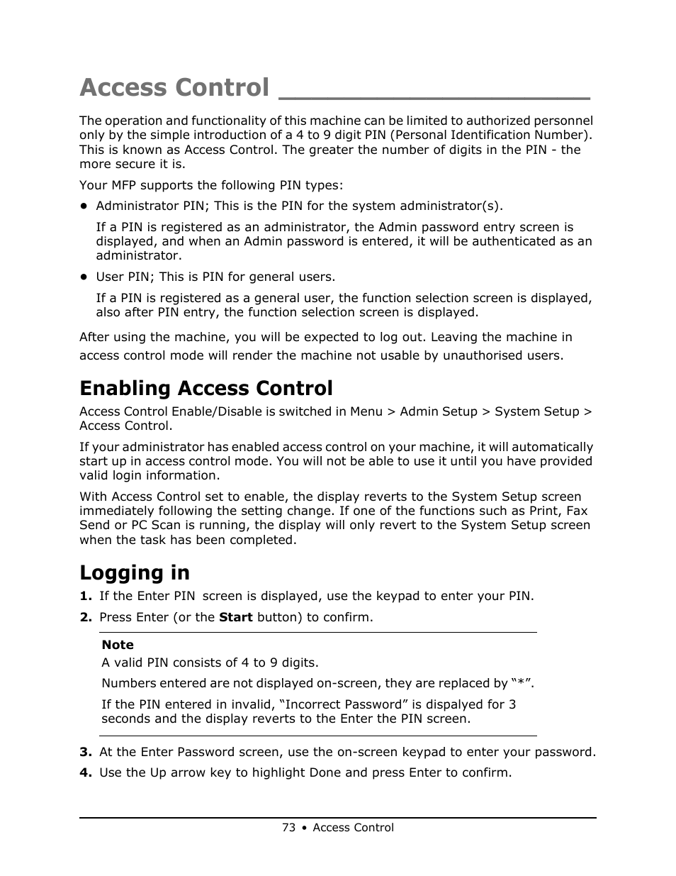 Access control, Enabling access control, Logging in | Oki MB 460 User Manual | Page 73 / 179