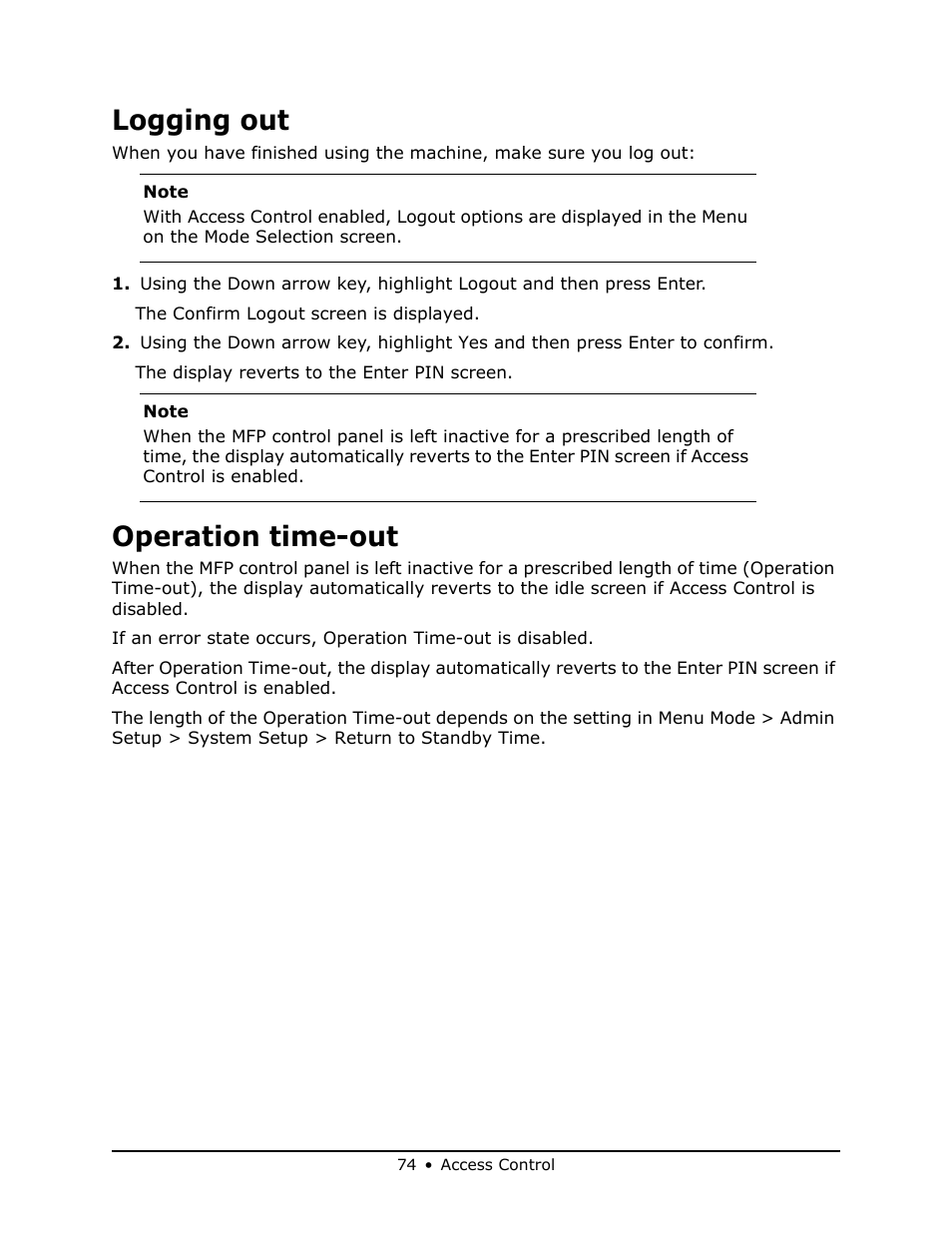 Logging out, Operation time-out | Oki MB 460 User Manual | Page 74 / 179