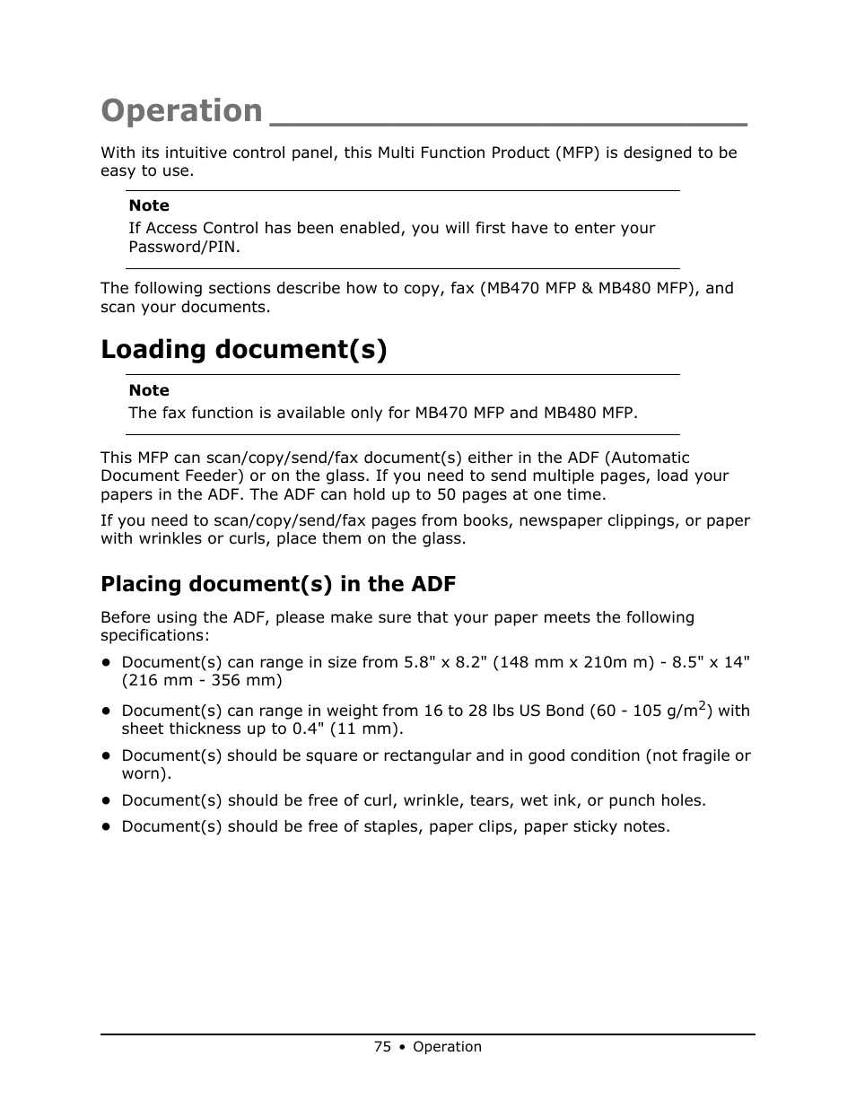 Operation, Loading document(s), Placing document(s) in the adf | Oki MB 460 User Manual | Page 75 / 179