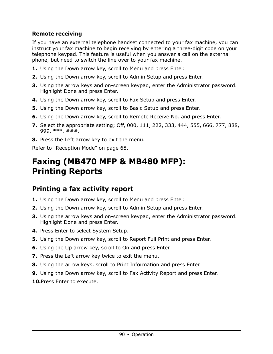 Faxing (mb470 mfp & mb480 mfp): printing reports, Printing a fax activity report, Faxing (mb470 mfp & mb480 mfp) | Printing reports | Oki MB 460 User Manual | Page 90 / 179