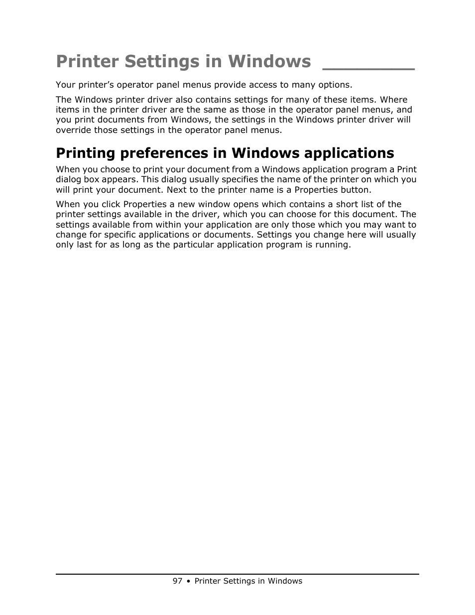 Printer settings in windows, Printing preferences in windows applications | Oki MB 460 User Manual | Page 97 / 179