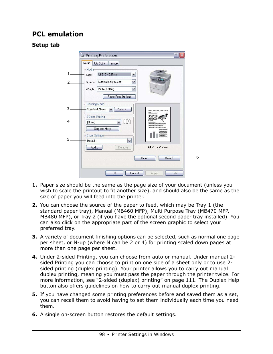 Pcl emulation | Oki MB 460 User Manual | Page 98 / 179