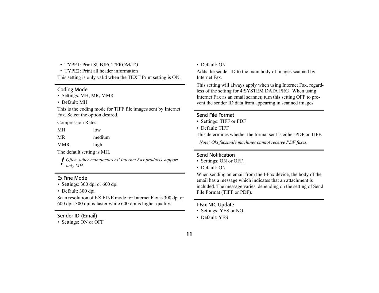 Coding mode, Ex.fine mode, Sender id (email) | Send file format, Send notification, I-fax nic update, Coding mode 11, Ex.fine mode 11, Sender id (email) 11, Send file format 11 | Oki 4580 User Manual | Page 14 / 29