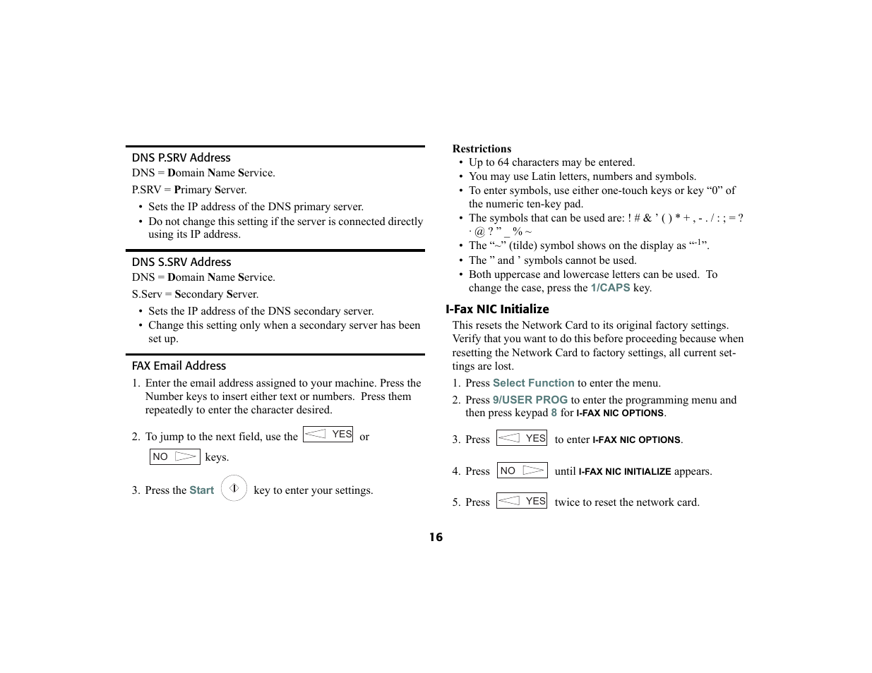 Dns p.srv address, Dns s.srv address, Fax email address | I-fax nic initialize, Dns p.srv address 16 dns s.srv address 16, Fax email address 16 | Oki 4580 User Manual | Page 19 / 29