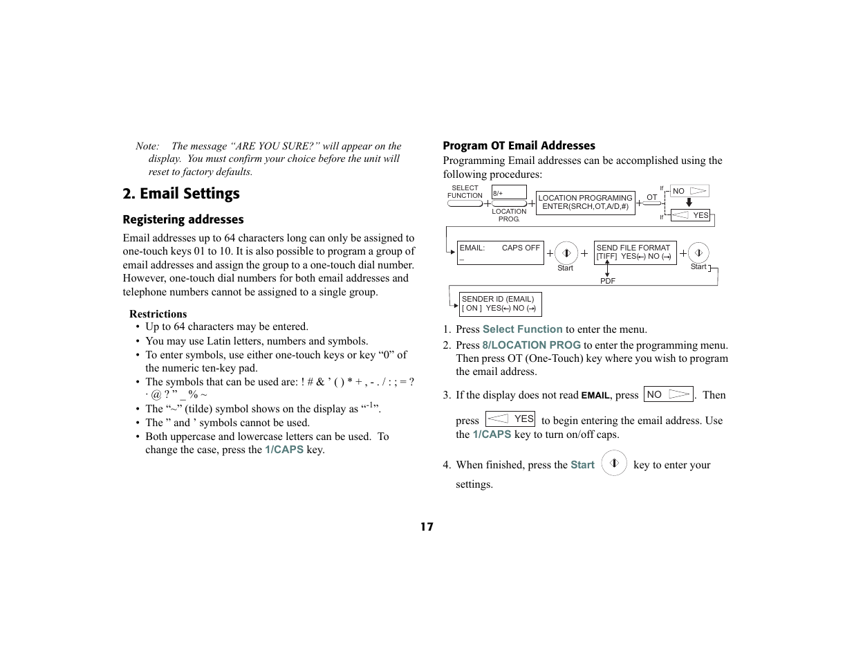 Email settings, Registering addresses, Program ot email addresses | Oki 4580 User Manual | Page 20 / 29