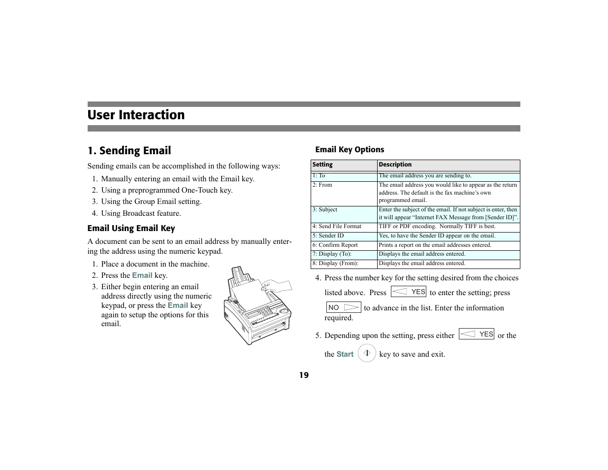 User interaction, Sending email, Email using email key | Email key options | Oki 4580 User Manual | Page 22 / 29