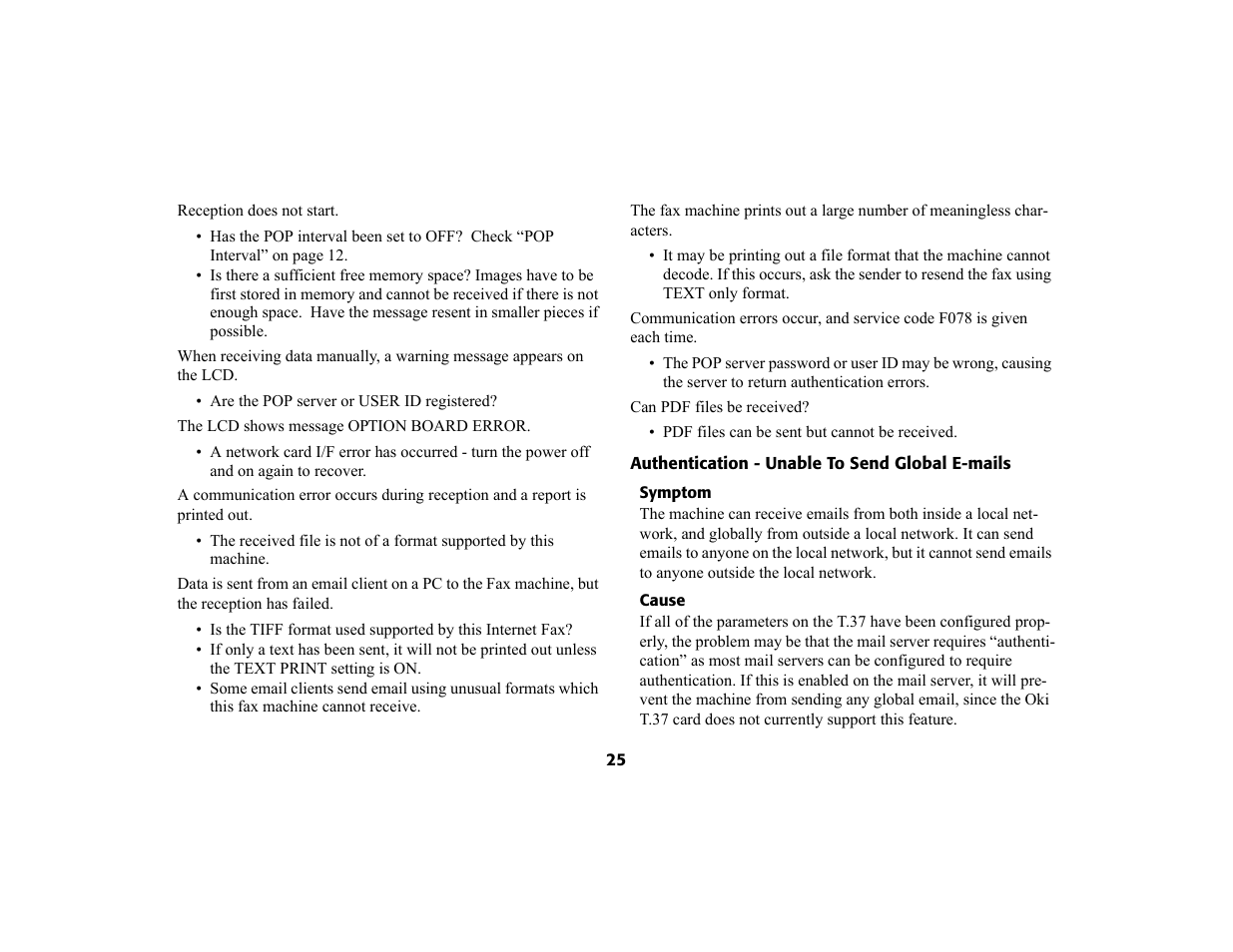 Authentication - unable to send global e-mails, Symptom, Cause | Oki 4580 User Manual | Page 28 / 29