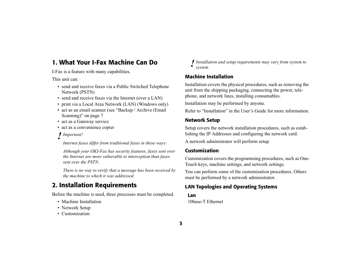 What your i-fax machine can do, Installation requirements, Machine installation | Network setup, Customization, Lan topologies and operating systems | Oki 4580 User Manual | Page 6 / 29