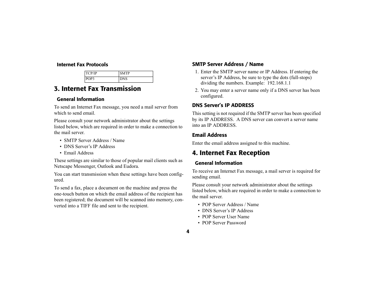 Internet fax protocols, Internet fax transmission, General information | Smtp server address / name, Dns server’s ip address, Email address, Internet fax reception | Oki 4580 User Manual | Page 7 / 29