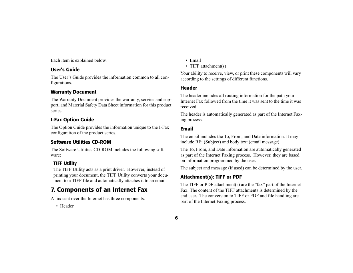 User’s guide, Warranty document, I-fax option guide | Software utilities cd-rom, Tiff utility, Components of an internet fax, Header, Email, Attachment(s): tiff or pdf, Header email attachment(s): tiff or pdf | Oki 4580 User Manual | Page 9 / 29