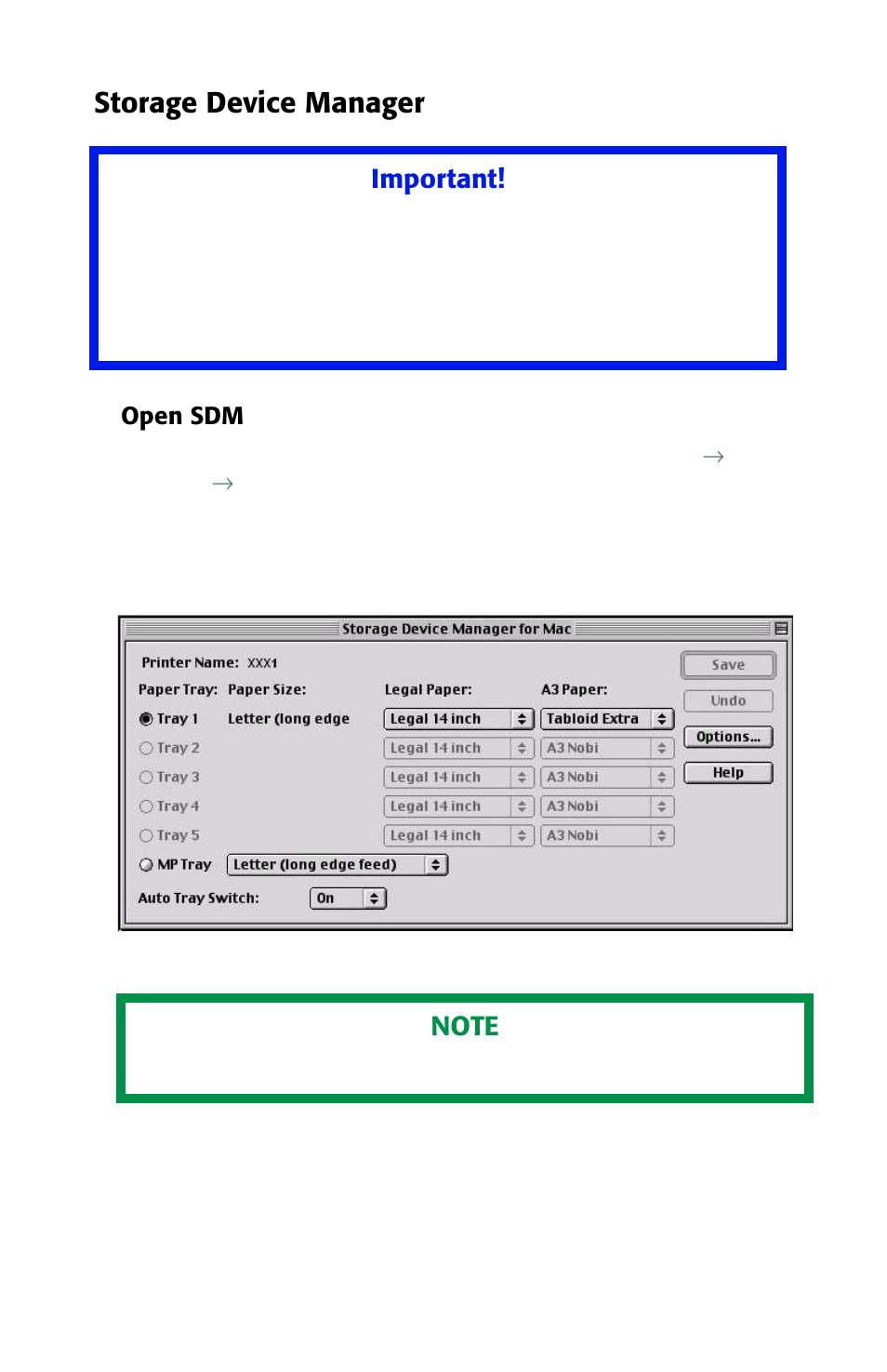 Storage device manager, Open sdm, Important | Oki 2426 User Manual | Page 42 / 94