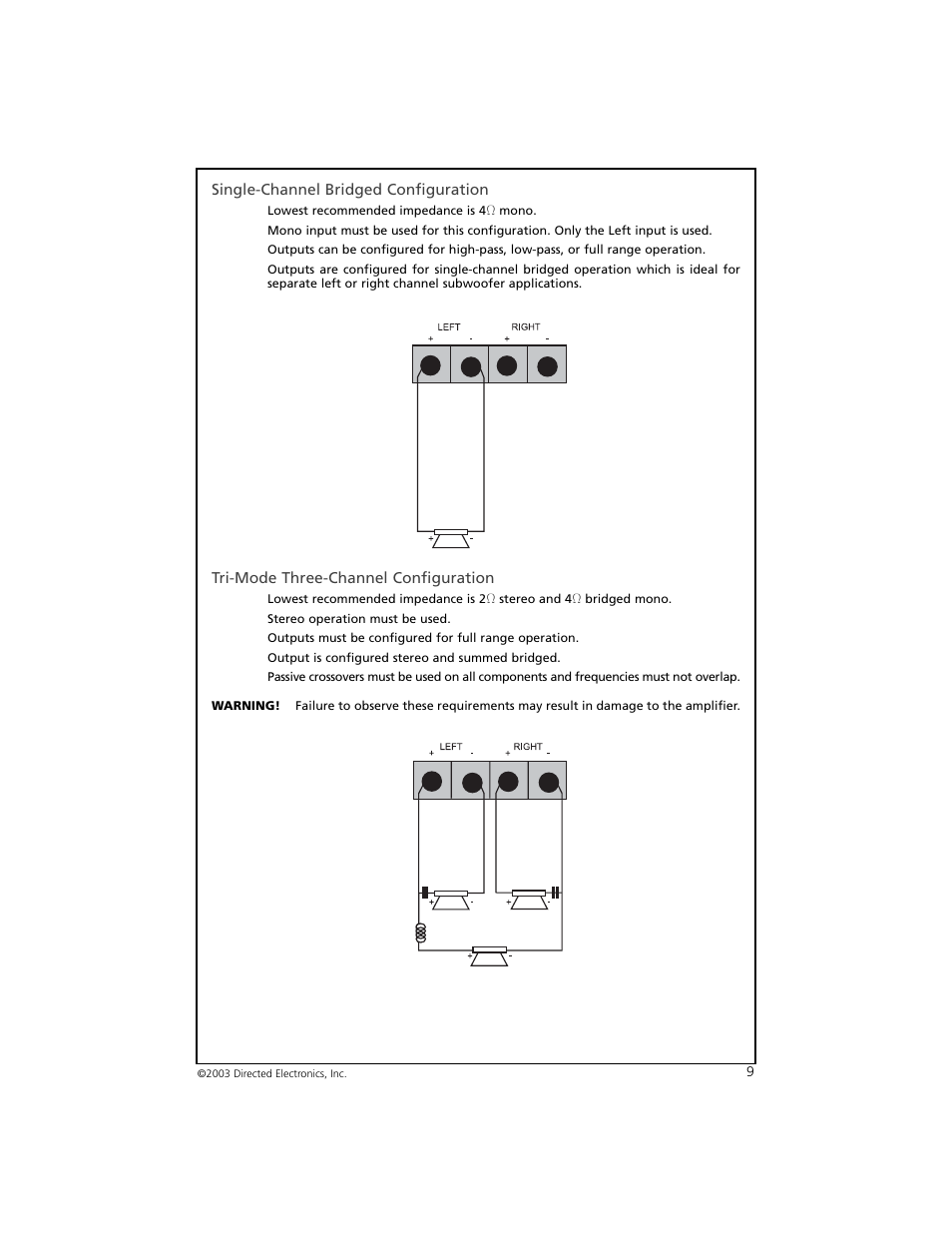 Single-channel bridged configuration, Tri-mode three-channel configuration | Orion Car Audio 6002 User Manual | Page 10 / 18