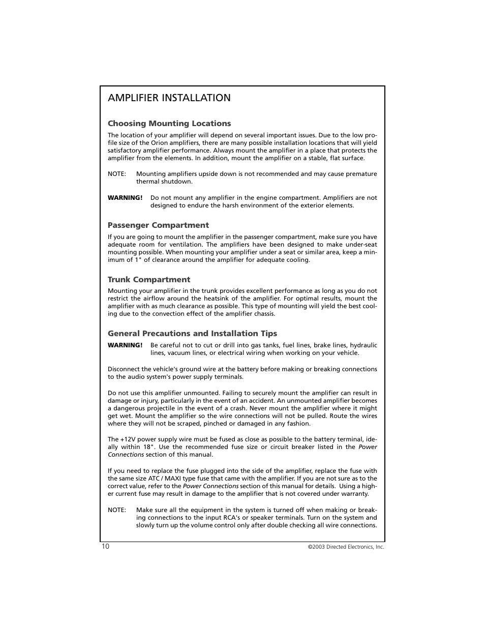 Amplifier installation | Orion Car Audio 6002 User Manual | Page 11 / 18