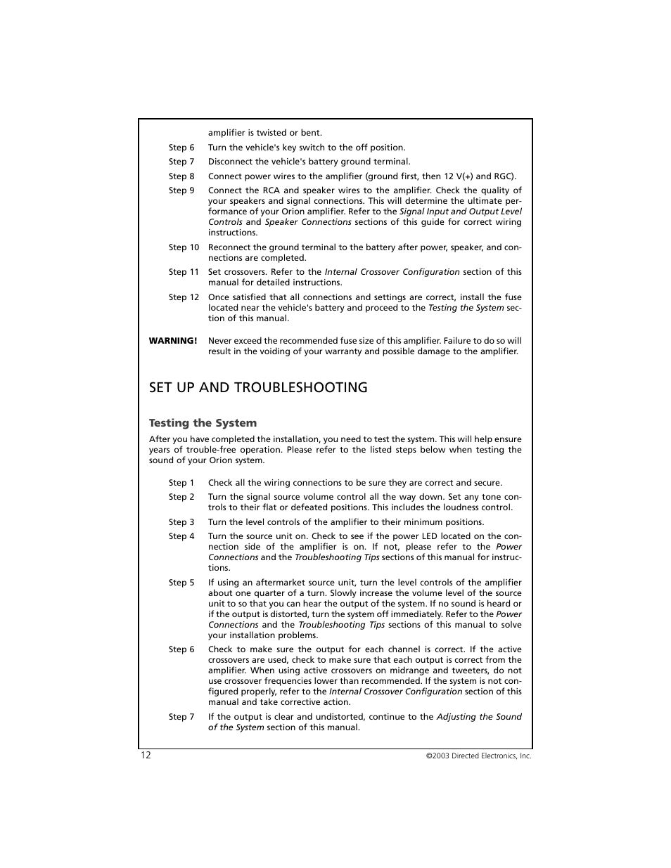 Set up and troubleshooting | Orion Car Audio 6002 User Manual | Page 13 / 18