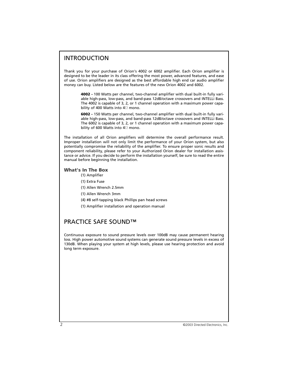 Introduction, Practice safe sound | Orion Car Audio 6002 User Manual | Page 3 / 18