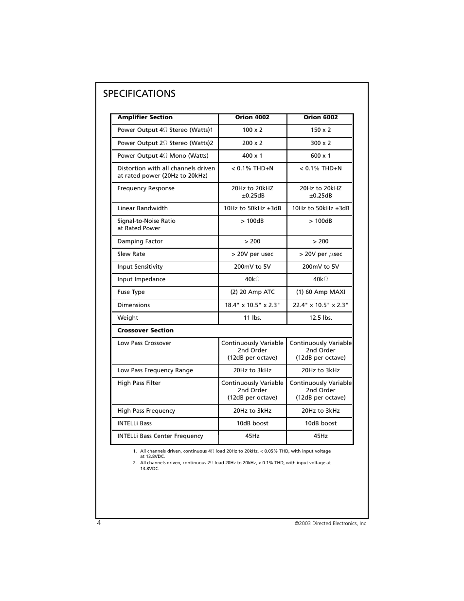 Specifications | Orion Car Audio 6002 User Manual | Page 5 / 18