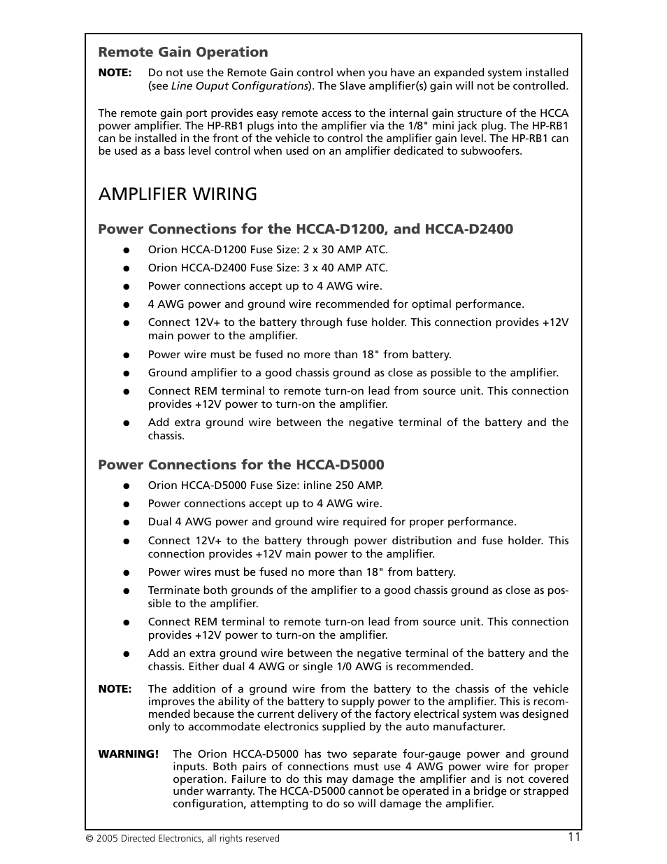 Amplifier wiring, Remote gain operation, Power connections for the hcca-d5000 | Orion Car Audio HCCA-D1200 User Manual | Page 12 / 25