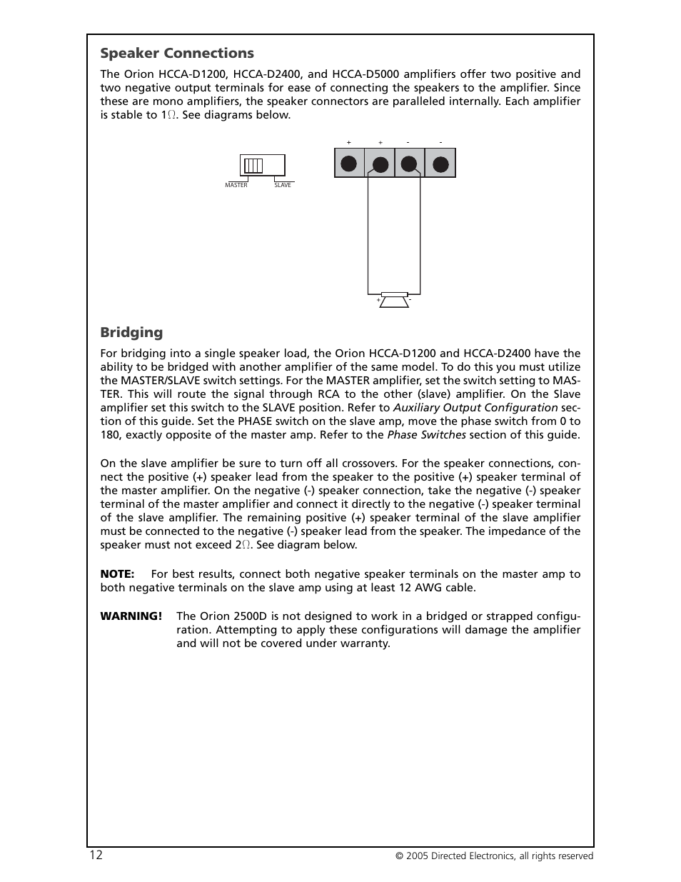 Speaker connections, Bridging | Orion Car Audio HCCA-D1200 User Manual | Page 13 / 25