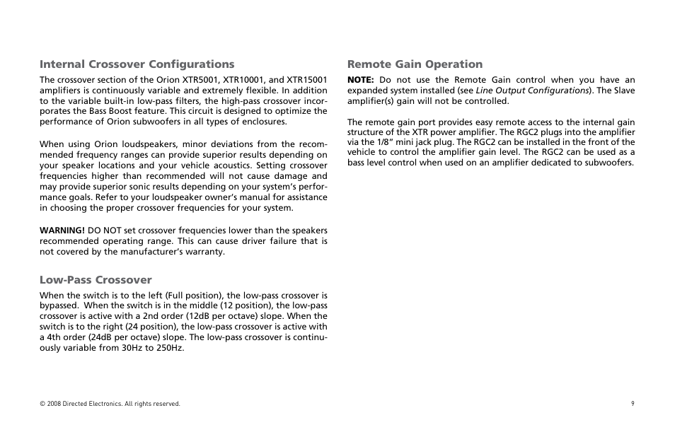 Internal crossover configurations, Low-pass crossover, Remote gain operation | Orion Car Audio XTR Power Amplifier XTR5001 User Manual | Page 10 / 102