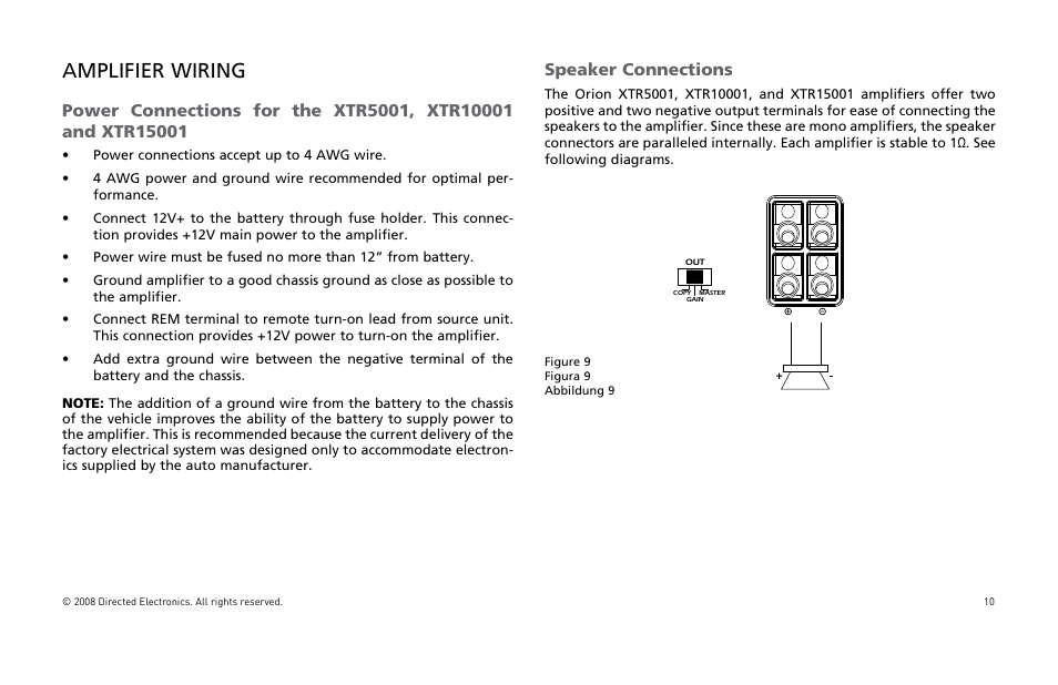 Amplifier wiring, Speaker connections | Orion Car Audio XTR Power Amplifier XTR5001 User Manual | Page 11 / 102