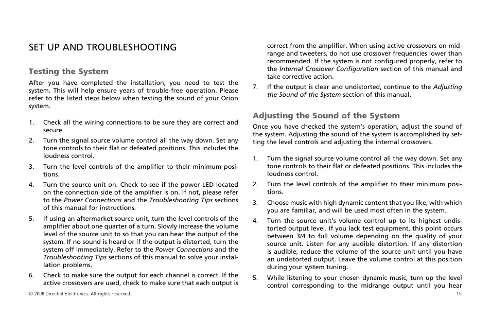 Set up and troubleshooting, Testing the system, Adjusting the sound of the system | Orion Car Audio XTR Power Amplifier XTR5001 User Manual | Page 16 / 102