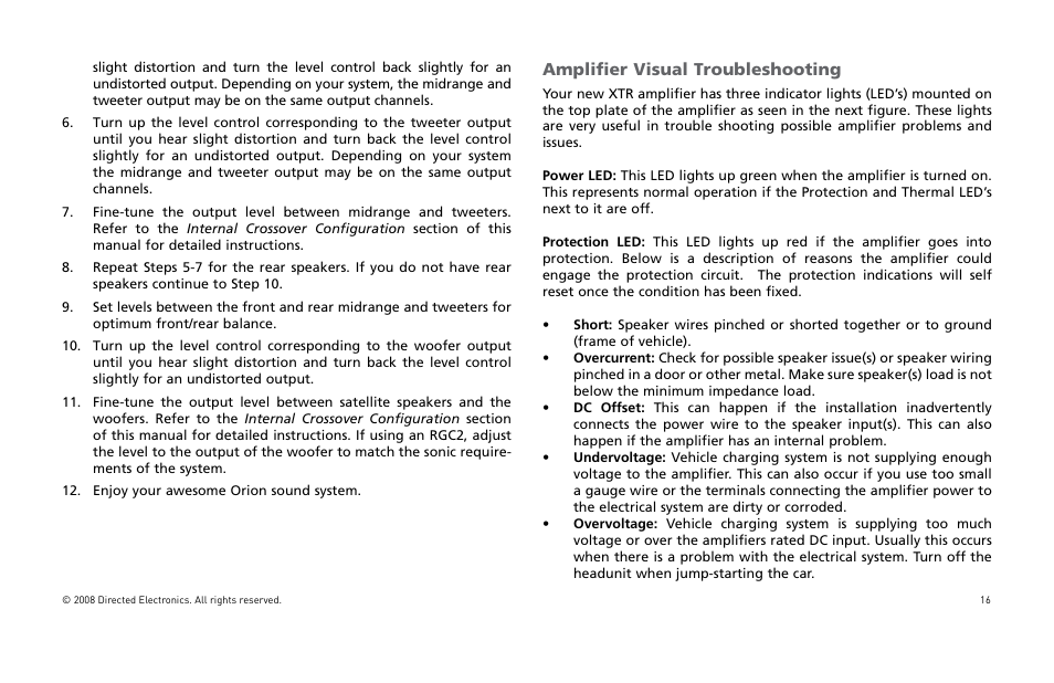 Amplifier visual troubleshooting | Orion Car Audio XTR Power Amplifier XTR5001 User Manual | Page 17 / 102