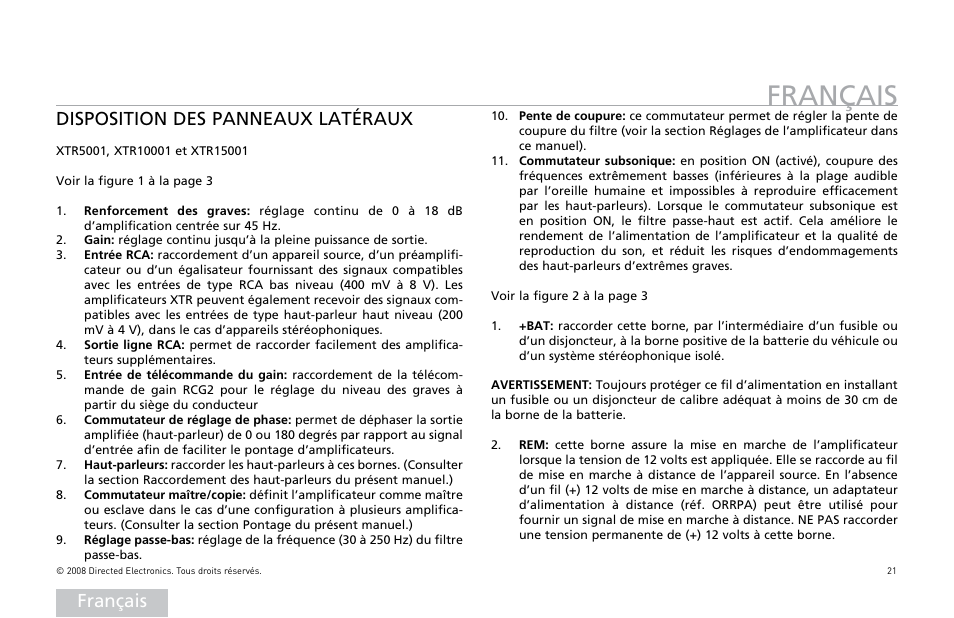 Français, Disposition des panneaux latéraux | Orion Car Audio XTR Power Amplifier XTR5001 User Manual | Page 22 / 102