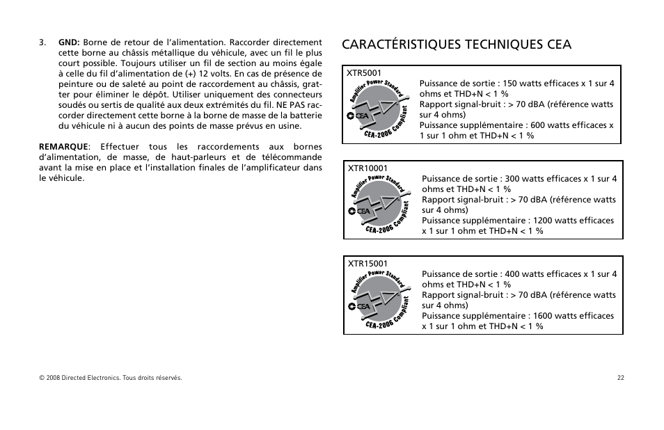 Caractéristiques techniques cea | Orion Car Audio XTR Power Amplifier XTR5001 User Manual | Page 23 / 102