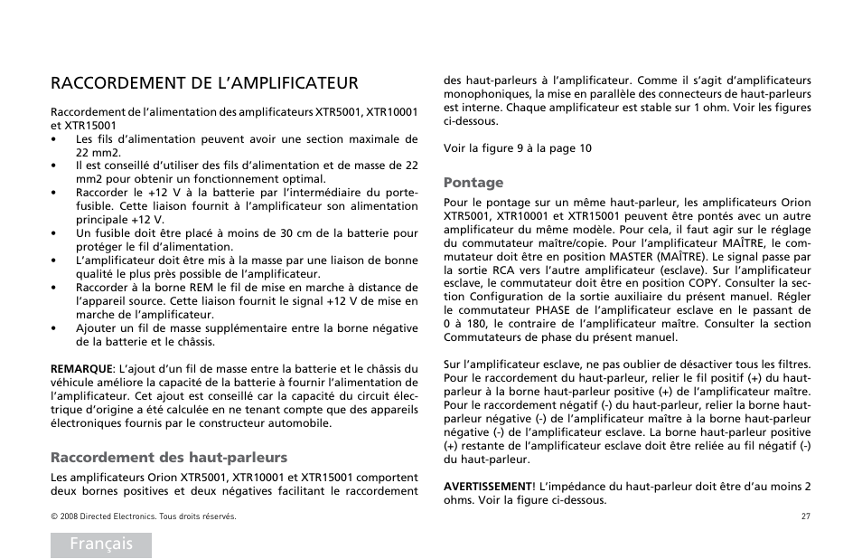 Français raccordement de l’amplificateur | Orion Car Audio XTR Power Amplifier XTR5001 User Manual | Page 28 / 102