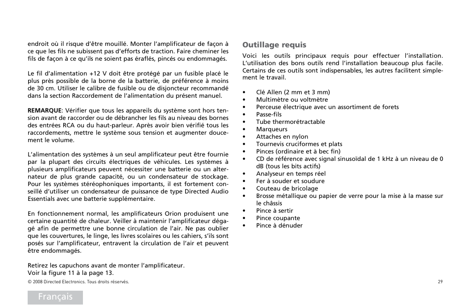 Français, Outillage requis | Orion Car Audio XTR Power Amplifier XTR5001 User Manual | Page 30 / 102