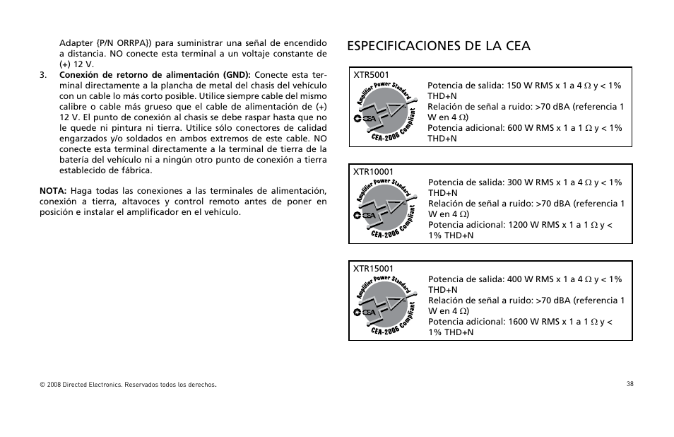 Especificaciones de la cea | Orion Car Audio XTR Power Amplifier XTR5001 User Manual | Page 39 / 102
