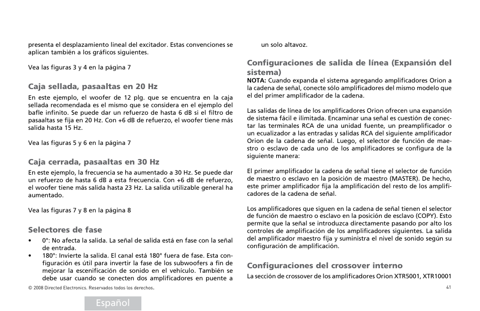 Español | Orion Car Audio XTR Power Amplifier XTR5001 User Manual | Page 42 / 102