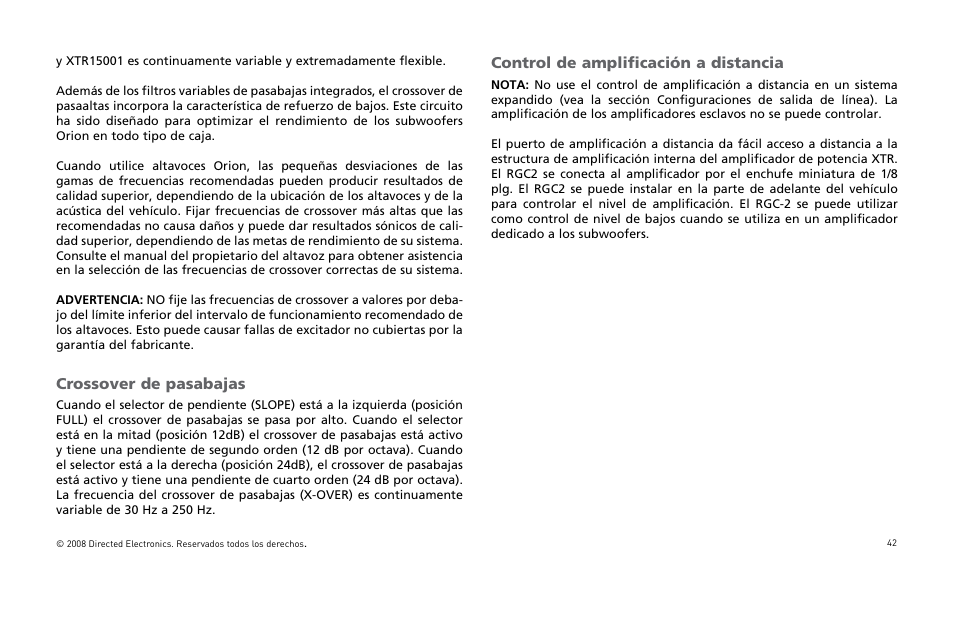 Crossover de pasabajas, Control de amplificación a distancia | Orion Car Audio XTR Power Amplifier XTR5001 User Manual | Page 43 / 102