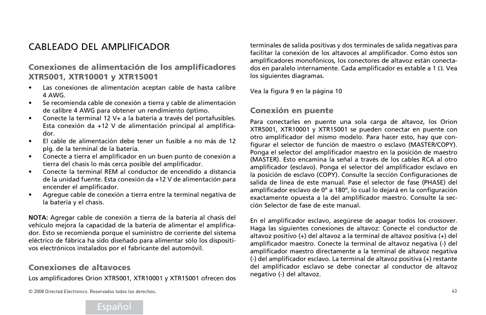 Español cableado del amplificador | Orion Car Audio XTR Power Amplifier XTR5001 User Manual | Page 44 / 102