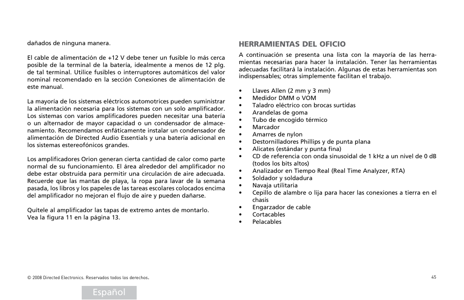 Español, Herramientas del oficio | Orion Car Audio XTR Power Amplifier XTR5001 User Manual | Page 46 / 102
