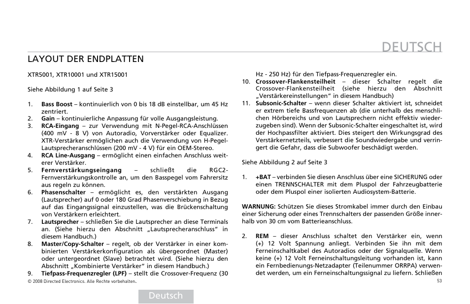 Deutsch, Layout der endplatten | Orion Car Audio XTR Power Amplifier XTR5001 User Manual | Page 54 / 102